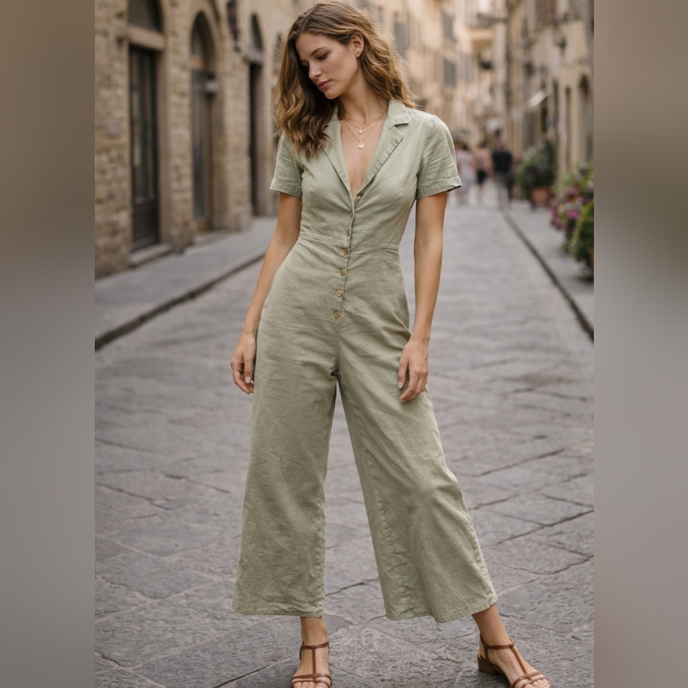 Olive green Linen Jumpsuit Short Sleeves Collared botton Front Efforles Summer